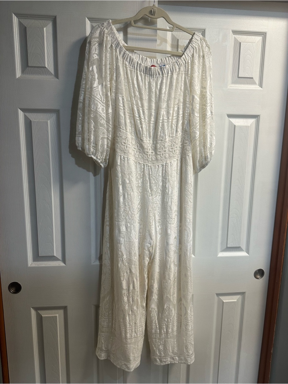 Anthropologie Cream Lace Off-Shoulder Wide-Leg Jumpsuit